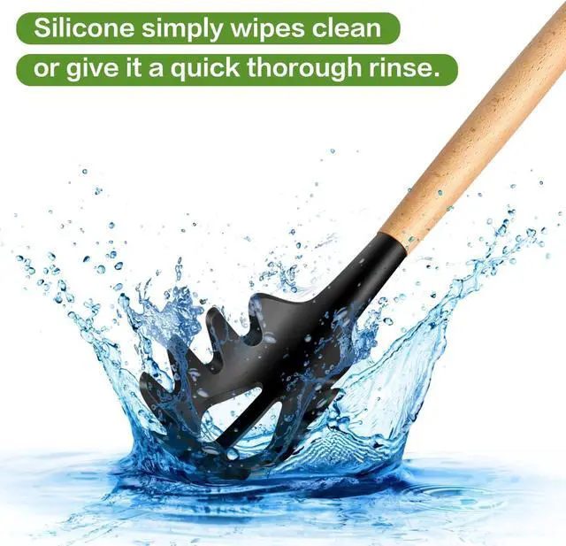 Alt view image 4 of 4 - LorisArm Wooden Handle Pasta Fork Spoon 12" Silicone Spaghetti Fork Food Grade Noodle Spoon, BPA Free, Spaghetti Spoons Strainer & Server Spoonss