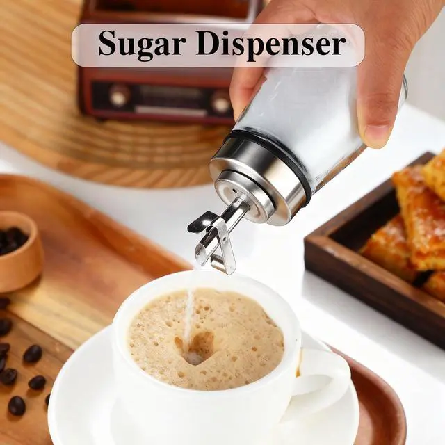 Alt view image 2 of 6 - TIWPAJS Glass Sugar Dispenser with Stainless Steel Lid, Automatic Pour Spout, Sugar Container for Coffee Bar, Sugar Jar, Sugar Bowl, Salt Shaker, 6OZ