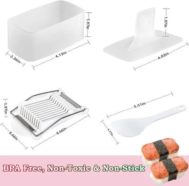 Alt view image 7 of 7 - Spam Musubi Mold, 4 Pcs Musubi Maker Kit Spam Slicer Musubi Press Sushi Rice Onigiri Mold Set Egg Cutter for Luncheon Meat Hot Dog Cheese Strawberry Lunch Bento