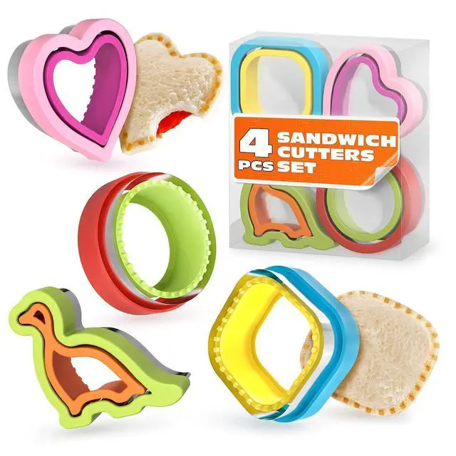 Main image of 4 Pcs Crustless Sandwich Cutter and Sealer Set, Stainless Steel Edge | Sandwich Sealer and Cutter, Square, Heart, Dino & Circle, One-Press Seal, Easy Release, Fits 4x4 Bread, Bento & Lunch Box