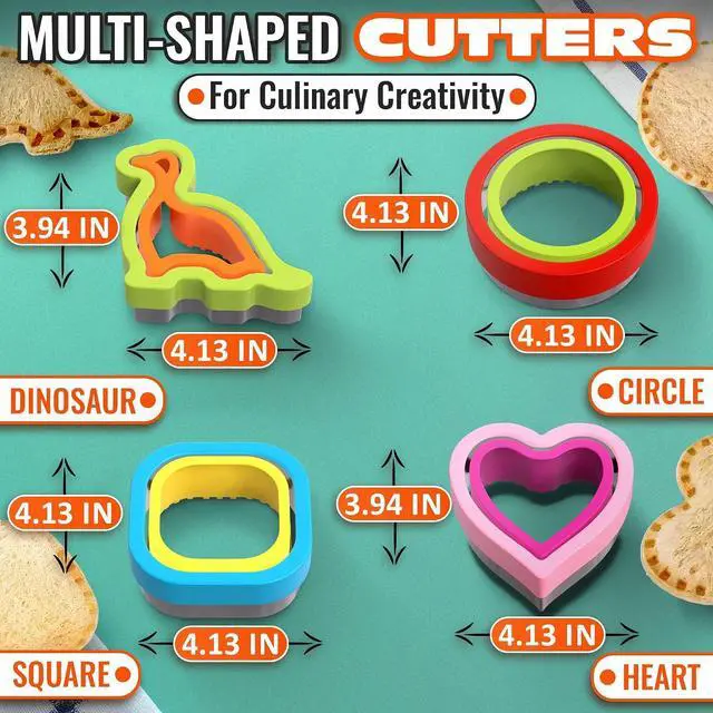 Alt view image 2 of 7 - 4 Pcs Crustless Sandwich Cutter and Sealer Set, Stainless Steel Edge | Sandwich Sealer and Cutter, Square, Heart, Dino & Circle, One-Press Seal, Easy Release, Fits 4x4 Bread, Bento & Lunch Box