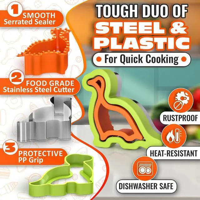 Alt view image 3 of 7 - 4 Pcs Crustless Sandwich Cutter and Sealer Set, Stainless Steel Edge | Sandwich Sealer and Cutter, Square, Heart, Dino & Circle, One-Press Seal, Easy Release, Fits 4x4 Bread, Bento & Lunch Box