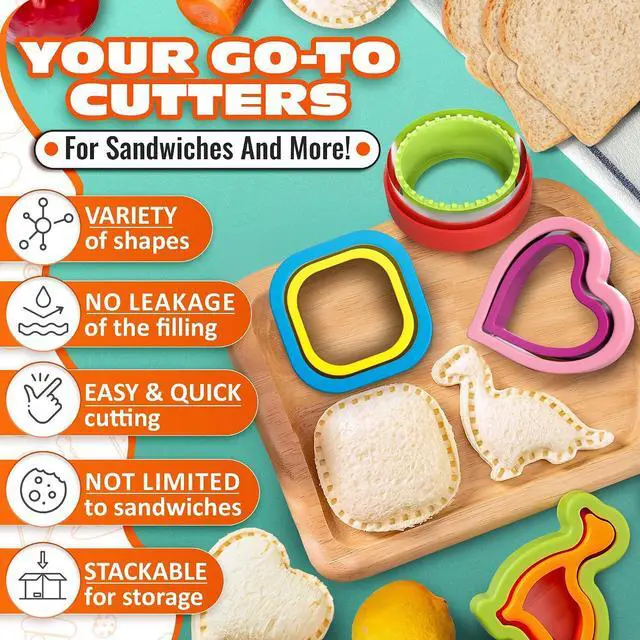 Alt view image 4 of 7 - 4 Pcs Crustless Sandwich Cutter and Sealer Set, Stainless Steel Edge | Sandwich Sealer and Cutter, Square, Heart, Dino & Circle, One-Press Seal, Easy Release, Fits 4x4 Bread, Bento & Lunch Box