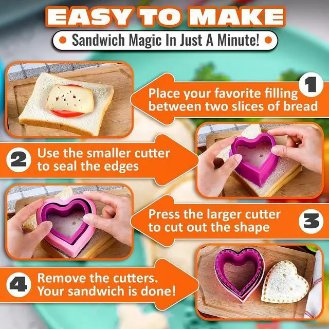 Alt view image 5 of 7 - 4 Pcs Crustless Sandwich Cutter and Sealer Set, Stainless Steel Edge | Sandwich Sealer and Cutter, Square, Heart, Dino & Circle, One-Press Seal, Easy Release, Fits 4x4 Bread, Bento & Lunch Box