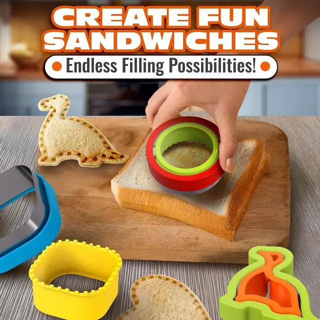Alt view image 7 of 7 - 4 Pcs Crustless Sandwich Cutter and Sealer Set, Stainless Steel Edge | Sandwich Sealer and Cutter, Square, Heart, Dino & Circle, One-Press Seal, Easy Release, Fits 4x4 Bread, Bento & Lunch Box