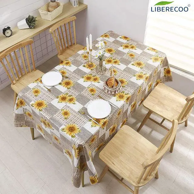 Alt view image 2 of 7 - LIBERECOO Vinyl Tablecloth with Flannel Backing, Sunflower 60 x 84 Inch Rectangluar Tablecloths Stain-Resistant Waterproof Plastic Table Cover for Indoor/Outdoor