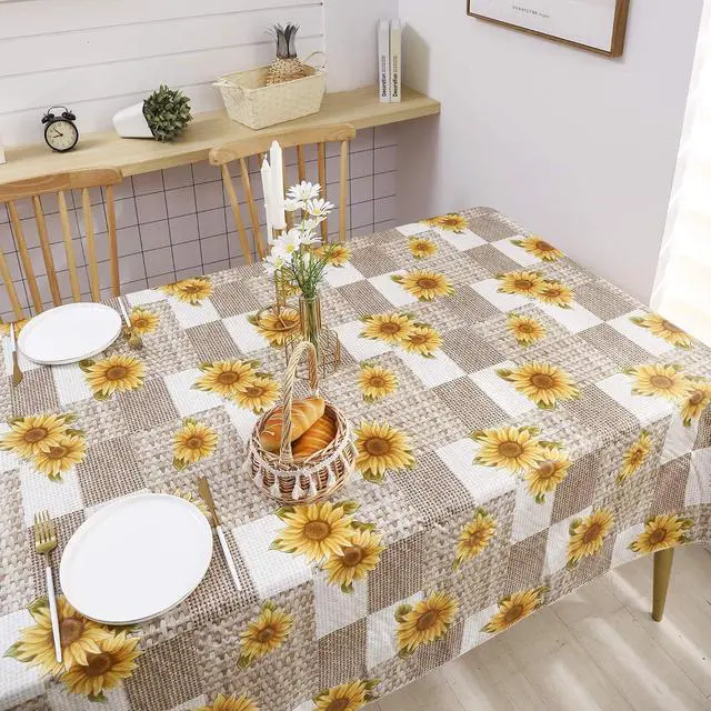 Alt view image 6 of 7 - LIBERECOO Vinyl Tablecloth with Flannel Backing, Sunflower 60 x 84 Inch Rectangluar Tablecloths Stain-Resistant Waterproof Plastic Table Cover for Indoor/Outdoor