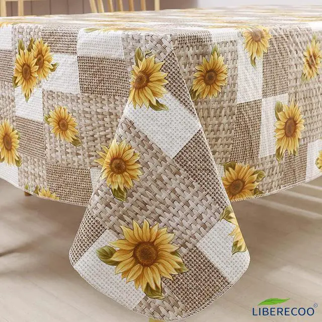 Alt view image 7 of 7 - LIBERECOO Vinyl Tablecloth with Flannel Backing, Sunflower 60 x 84 Inch Rectangluar Tablecloths Stain-Resistant Waterproof Plastic Table Cover for Indoor/Outdoor