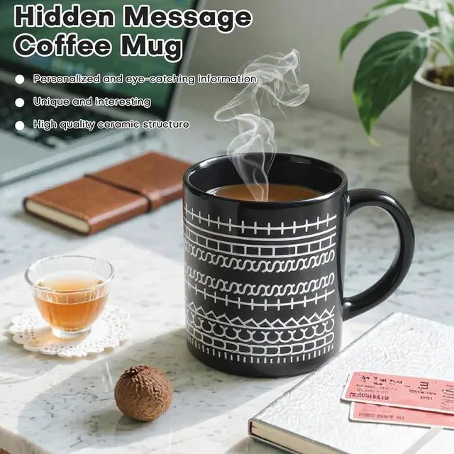 Alt view image 2 of 7 - Hidden Message Coffee Mug - Ceramic Cup with Funny Surprise Messages, Unique Novelty Gag Gift, Cute Interactive Mug for Women, Coworkers - Birthday/White Elephant Presents (Black)
