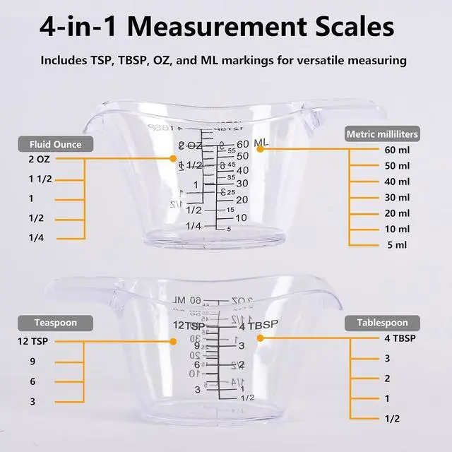 Alt view image 3 of 7 - 2 Pack Small Measuring Cups, 2oz/60ml Mini Measuring Cup with tsp/Tbsp/oz/ml Markings, Clear Easy-Read Scale for Kitchen, Resin, DIY, Beauty Mixing (2)