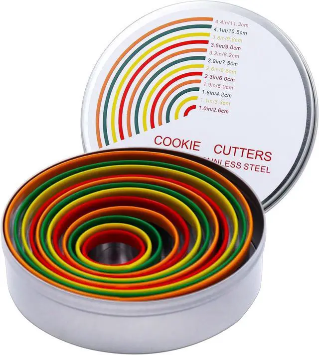 Main image of Alimat PluS Round Biscuit Cutter Set, 12 Pack Circle Cookie Cutters | Stainless Steel Donut Cutter with Colorful Rubber Coating, Different Sizes for Dough, Fondant, Clay