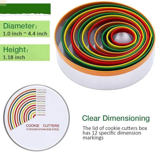 Alt view image 2 of 7 - Alimat PluS Round Biscuit Cutter Set, 12 Pack Circle Cookie Cutters | Stainless Steel Donut Cutter with Colorful Rubber Coating, Different Sizes for Dough, Fondant, Clay