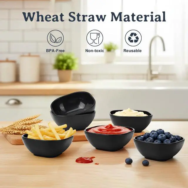Alt view image 3 of 7 - Wheat Straw Small Bowls 5 OZ, Unbreakable Soy Sauce Dish - Black | Microwave Safe Dipping Bowls Set of 6, Plastic Ramekins, Dipping Sauce Cups, Small Dip Bowls for Party, Outdoor, Kitchen