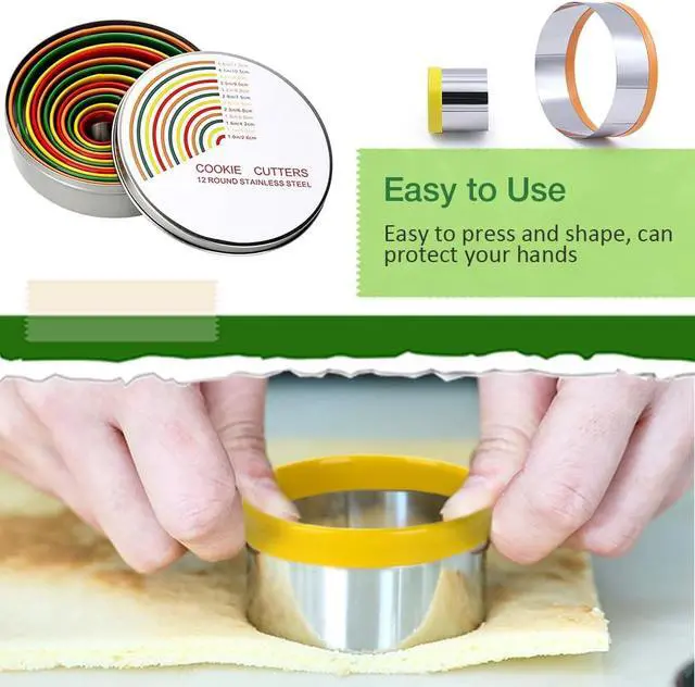 Alt view image 5 of 7 - Alimat PluS Round Biscuit Cutter Set, 12 Pack Circle Cookie Cutters | Stainless Steel Donut Cutter with Colorful Rubber Coating, Different Sizes for Dough, Fondant, Clay