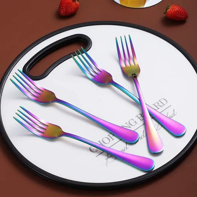 Alt view image 2 of 7 - Rainbow Dinner Forks Set of 4, Berglander Stainless Steel Titanium Mutil-Color Plating Fork Set, Colorful Forks And Spoons Silverware, Table Forks Set Sturdy And Dishwasher Safe