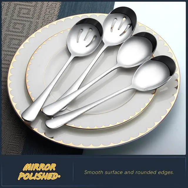 Alt view image 4 of 7 - 4-Piece Serving Spoon Set - Includes 2 Serving Spoons and 2 Slotted Spoons, Large Cutlery for Catering Buffet, Mirror Polished, Dishwasher Safe, 8.7 Inches