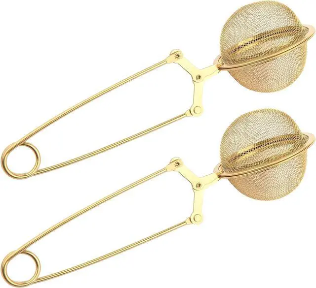 Main image of Luckyiren Snap Tea Ball Infuser with Handle; Premium Stainless Steel Fine Mesh Screen Tea Strainer Filters Colander Cullender Sieve Infusion Steeper Maker for Loose Leaf Tea Herbs, 2 Pieces, Golden