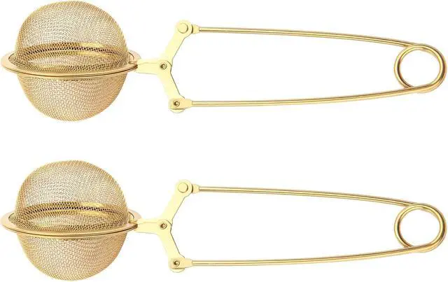 Alt view image 2 of 7 - Luckyiren Snap Tea Ball Infuser with Handle; Premium Stainless Steel Fine Mesh Screen Tea Strainer Filters Colander Cullender Sieve Infusion Steeper Maker for Loose Leaf Tea Herbs, 2 Pieces, Golden