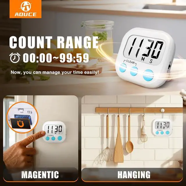 Alt view image 3 of 7 - AOUCE Digital Kitchen Timers for Cooking, Timer for Kids 2 Pack White | Big Digits, Loud Alarm, Strong Magnetic, Large Screen, Count Down/Up, Classroom Timers for Teacher Supplies