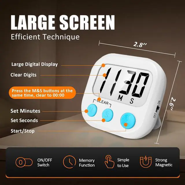 Alt view image 4 of 7 - AOUCE Digital Kitchen Timers for Cooking, Timer for Kids 2 Pack White | Big Digits, Loud Alarm, Strong Magnetic, Large Screen, Count Down/Up, Classroom Timers for Teacher Supplies