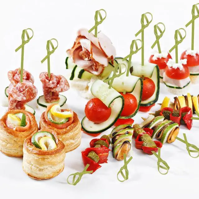 Alt view image 4 of 6 - JtmyAota 100 Pack Bamboo Skewers for Appetizers, 4.7 Inch Natural Bamboo Cocktail Picks for Cake Dessert Food Fruit Party Decorations