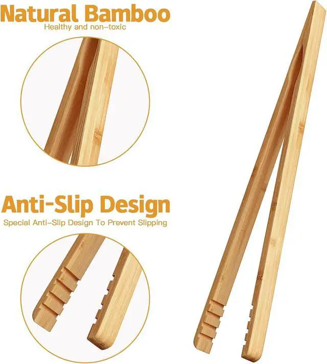 Alt view image 3 of 6 - DUJEN 2 Pieces Bamboo Toast Tongs, 10.2 Inches Long Wood Toaster Tongs with Anti-slip Design, Tongs for Cooking with Cooking Oil Coating