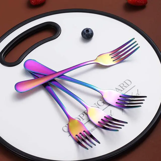 Alt view image 3 of 7 - Rainbow Dinner Forks Set of 4, Berglander Stainless Steel Titanium Mutil-Color Plating Fork Set, Colorful Forks And Spoons Silverware, Table Forks Set Sturdy And Dishwasher Safe