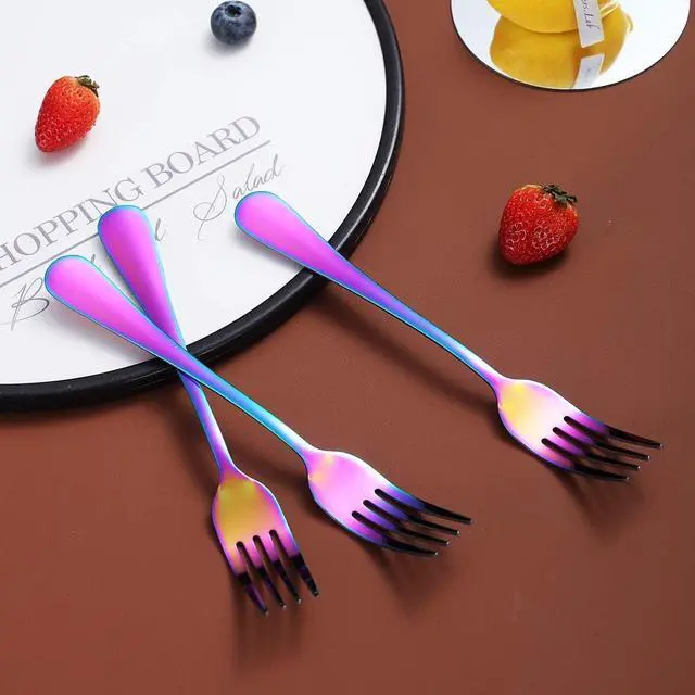 Alt view image 4 of 7 - Rainbow Dinner Forks Set of 4, Berglander Stainless Steel Titanium Mutil-Color Plating Fork Set, Colorful Forks And Spoons Silverware, Table Forks Set Sturdy And Dishwasher Safe