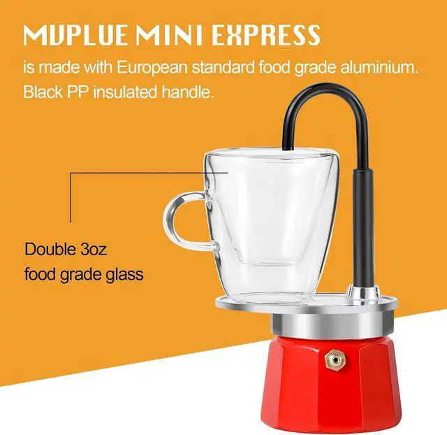 Alt view image 4 of 7 - MVPLUE-Mini Express Swiss Single Tube Moka Pot Aluminum RedMoka Set includes One Double Wall 3oz Cup,Enjoy delicious coffee in no time
