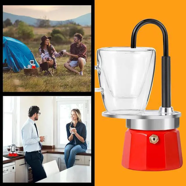 Alt view image 5 of 7 - MVPLUE-Mini Express Swiss Single Tube Moka Pot Aluminum RedMoka Set includes One Double Wall 3oz Cup,Enjoy delicious coffee in no time
