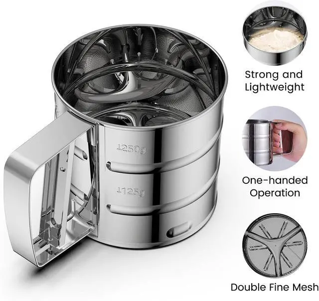 Alt view image 3 of 6 - Omesata Flour Sifter 3 Cup for Baking, Crank Sifter Sieve Baker Dusting | Professional Fine Mesh Flower Sifter, One Hand Press Quick Sifting, Stainless Steel