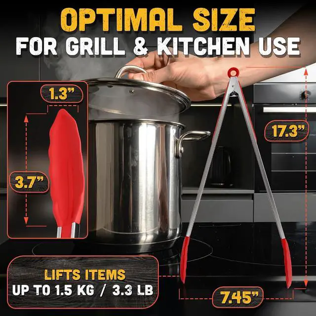 Alt view image 2 of 7 - 17.3" Extra Long Tongs with Silicone Tip & Stainless Steel Frame | Long Kitchen Tongs with Extended Reach, 3.3 Lb Hold and Storage Lock; for BBQ Grilling, Cooking, Grabbing, Serving and Salad