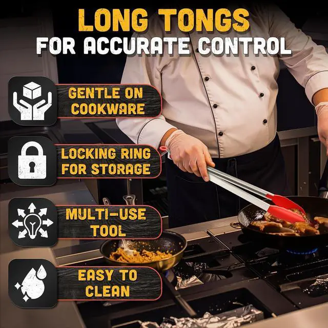 Alt view image 4 of 7 - 17.3" Extra Long Tongs with Silicone Tip & Stainless Steel Frame | Long Kitchen Tongs with Extended Reach, 3.3 Lb Hold and Storage Lock; for BBQ Grilling, Cooking, Grabbing, Serving and Salad