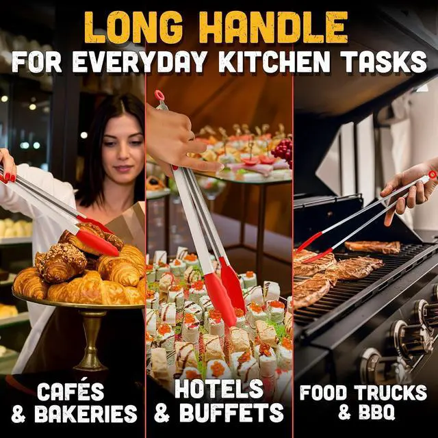 Alt view image 5 of 7 - 17.3" Extra Long Tongs with Silicone Tip & Stainless Steel Frame | Long Kitchen Tongs with Extended Reach, 3.3 Lb Hold and Storage Lock; for BBQ Grilling, Cooking, Grabbing, Serving and Salad