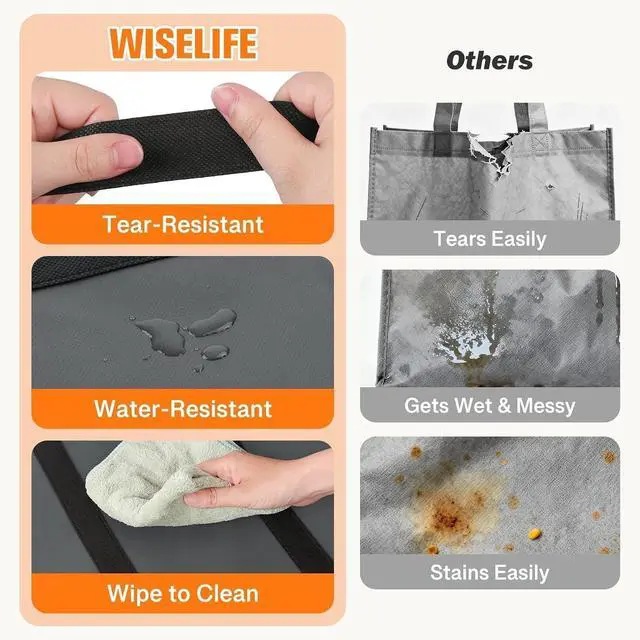 Alt view image 2 of 7 - WISELIFE Reusable Grocery Bags, Foldable, Lasting Use, 35L, 3 Pack, Gray | Large Shopping Bags with Reinforced Stitching, Water-Resistant Grocery Totes for Kitchen, Market, Car Trunk, Picnic