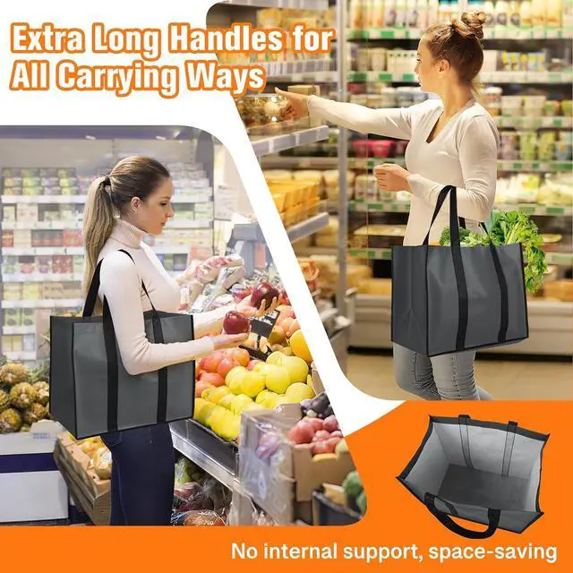 Alt view image 3 of 7 - WISELIFE Reusable Grocery Bags, Foldable, Lasting Use, 35L, 3 Pack, Gray | Large Shopping Bags with Reinforced Stitching, Water-Resistant Grocery Totes for Kitchen, Market, Car Trunk, Picnic