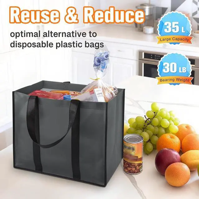 Alt view image 4 of 7 - WISELIFE Reusable Grocery Bags, Foldable, Lasting Use, 35L, 3 Pack, Gray | Large Shopping Bags with Reinforced Stitching, Water-Resistant Grocery Totes for Kitchen, Market, Car Trunk, Picnic