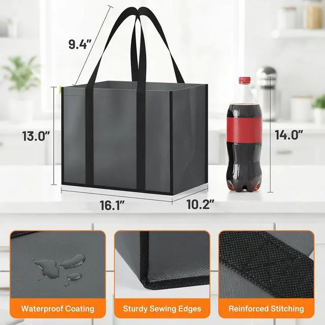 Alt view image 5 of 7 - WISELIFE Reusable Grocery Bags, Foldable, Lasting Use, 35L, 3 Pack, Gray | Large Shopping Bags with Reinforced Stitching, Water-Resistant Grocery Totes for Kitchen, Market, Car Trunk, Picnic