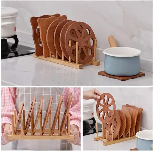 Alt view image 3 of 6 - LZYMSZ Set of 2 Bamboo Wooden Dish Rack, Plate Rack Stand Pot Lid Holder, Kitchen Cabinet Organizer for Bowl, Cup, Cutting Board and More