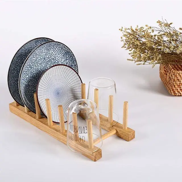 Alt view image 5 of 6 - LZYMSZ Set of 2 Bamboo Wooden Dish Rack, Plate Rack Stand Pot Lid Holder, Kitchen Cabinet Organizer for Bowl, Cup, Cutting Board and More