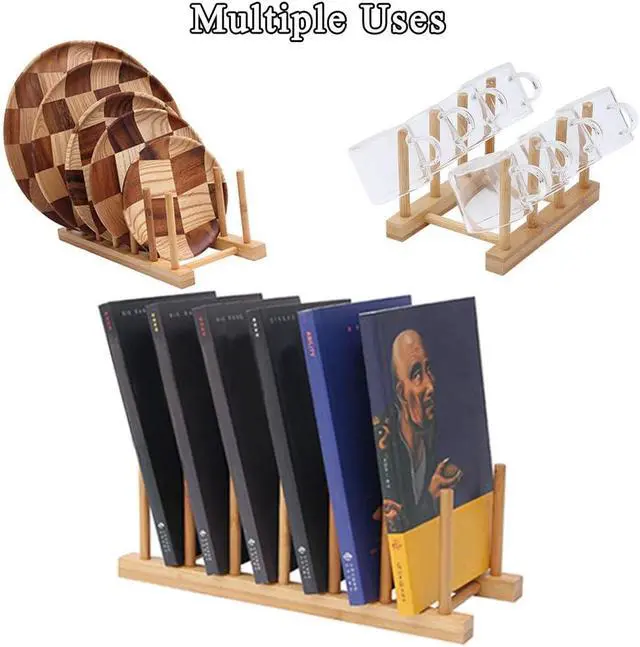Alt view image 6 of 6 - LZYMSZ Set of 2 Bamboo Wooden Dish Rack, Plate Rack Stand Pot Lid Holder, Kitchen Cabinet Organizer for Bowl, Cup, Cutting Board and More