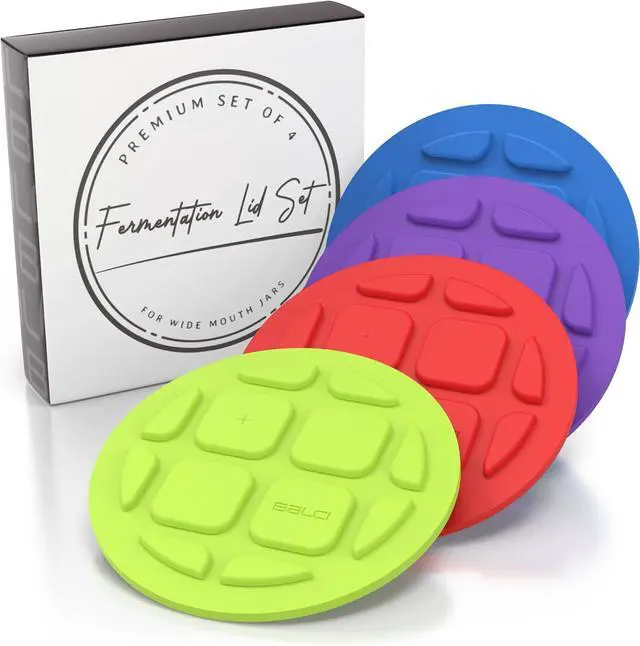 Main image of Fermentation Lids for Wide Mouth Mason Jars - 4 Pack Silicone Lids | One-way waterless airlock valve, BPA-free self-burping silicone lids. Includes 4 colors: Blue, Red, Green & Purple.
