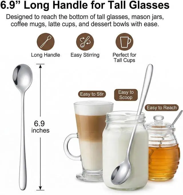 Alt view image 2 of 7 - Long Spoons Set of 6, 6.9" Iced Tea Spoons with Long Handle for Stirring | Stainless Steel, Mirror Polish, for Coffee, Tea, Dessert, Milkshake, Sundae, Ice Cream Float, Yogurt, Bar Cocktail Mixing