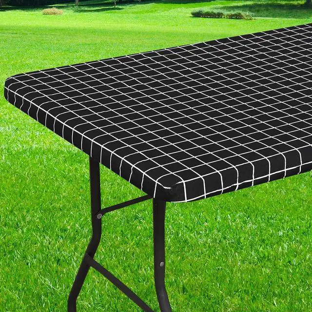 Main image of Fitted Table Cover, Flannel Backed Vinyl Tablecloth, 30"x72" | Waterproof Elastic Rectangle Tablecloth, Wipeable Plastic Table Cover for Picnic, Camping, Outdoor, Black
