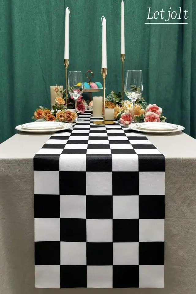 Alt view image 5 of 7 - Letjolt Black White Checkered Table Runner 12 x 72 inches Racing Party | Polyester runner for race car birthdays racing theme parties dessert tables decor