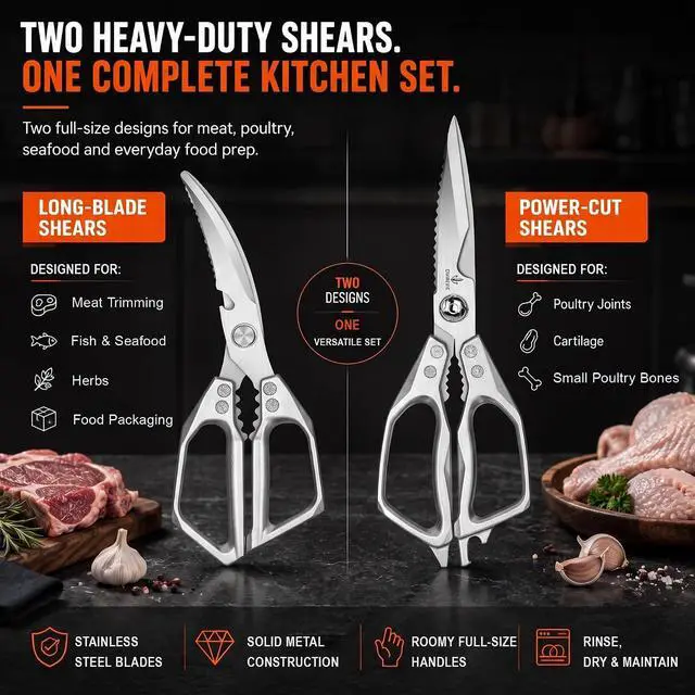 Alt view image 2 of 7 - Heavy Duty Kitchen Shears 2 Pack, Full-Size Stainless Kitchen Scissors | Two Purpose-Built Designs for Poultry Joints, Meat, Seafood and Herbs