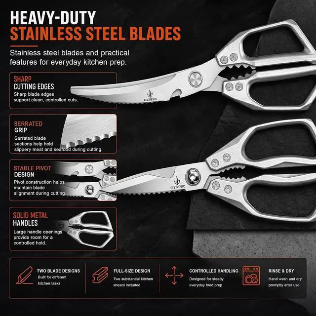 Alt view image 4 of 7 - Heavy Duty Kitchen Shears 2 Pack, Full-Size Stainless Kitchen Scissors | Two Purpose-Built Designs for Poultry Joints, Meat, Seafood and Herbs