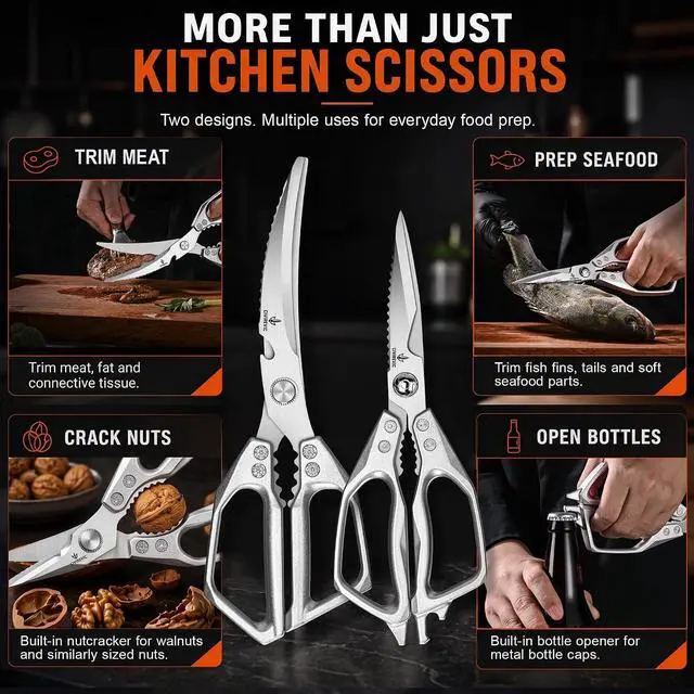 Alt view image 5 of 7 - Heavy Duty Kitchen Shears 2 Pack, Full-Size Stainless Kitchen Scissors | Two Purpose-Built Designs for Poultry Joints, Meat, Seafood and Herbs