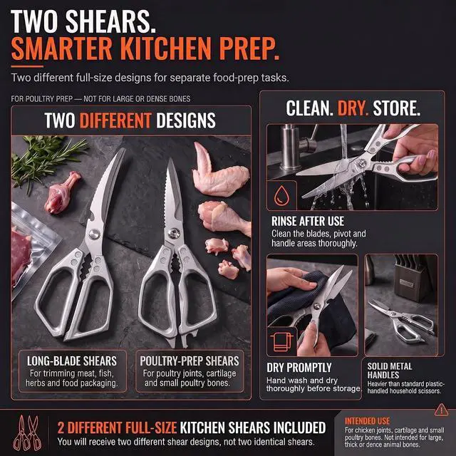 Alt view image 7 of 7 - Heavy Duty Kitchen Shears 2 Pack, Full-Size Stainless Kitchen Scissors | Two Purpose-Built Designs for Poultry Joints, Meat, Seafood and Herbs