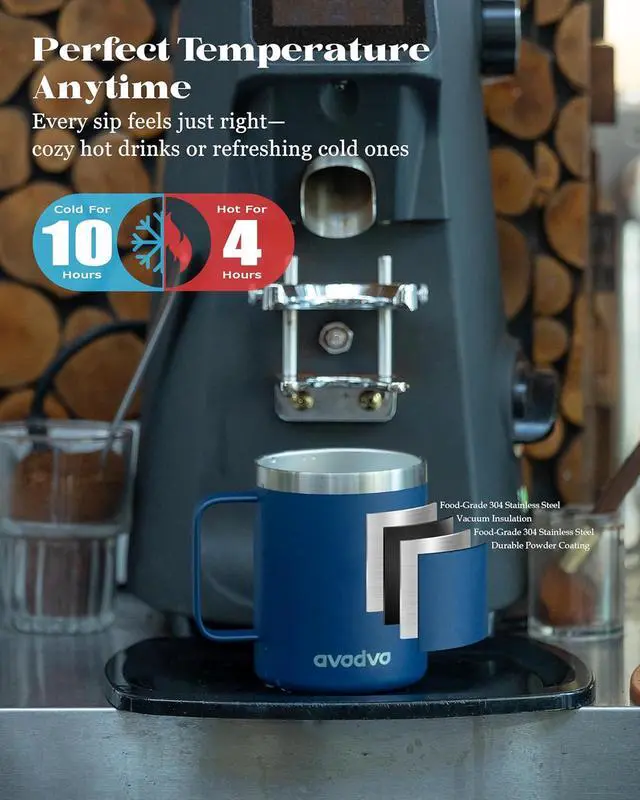 Alt view image 2 of 7 - 12oz Insulated Coffee Mug with 2 Lids & Handle, Stainless Steel Cup | Keeps Drinks Hot & Cold, Double Wall Vacuum Insulated Travel Tumbler for Home, Office & Outdoor, Navy Blue